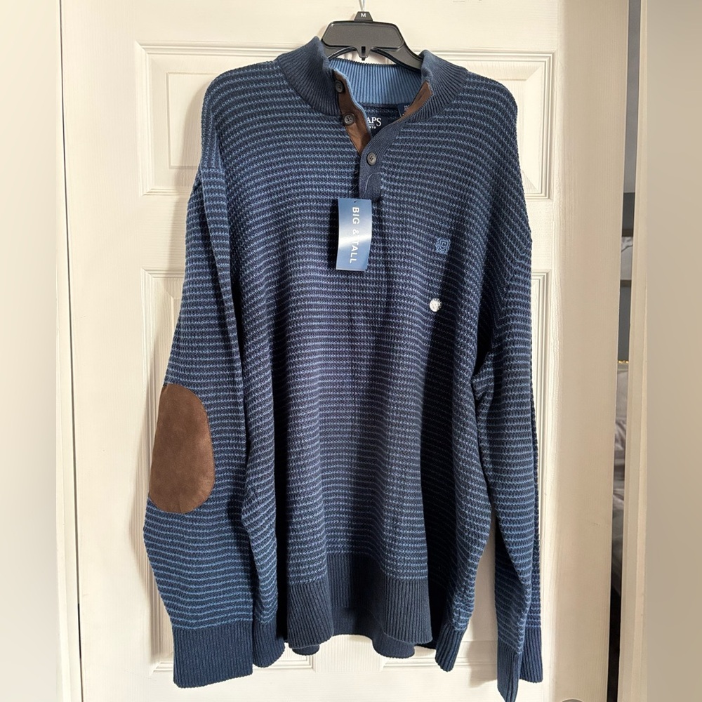 NWT Chaps Henley Pullover Sweater Men's 3XL Tall Blue Elbow Patches Stripes Navy